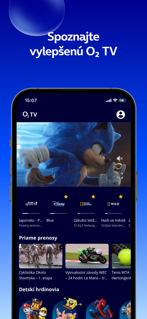 O2 TV SK application - O2 TV SK app interface on a mobile device showing live sports and kids programming