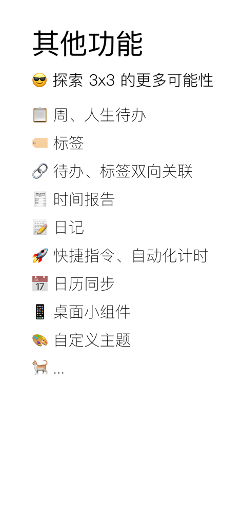 A list of additional features for the 3x3 minimalist time management app including bidirectional linking and time reports