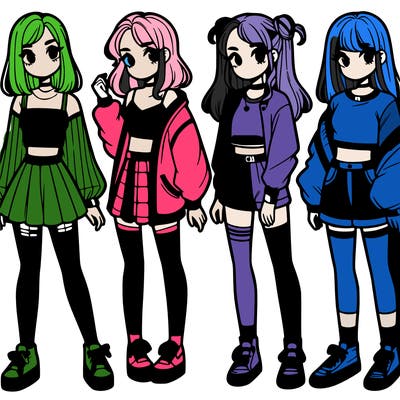 one girl with crop-top shirt and a jacket with a skirt, long socks and another girl with a shirt and pants with a jacket