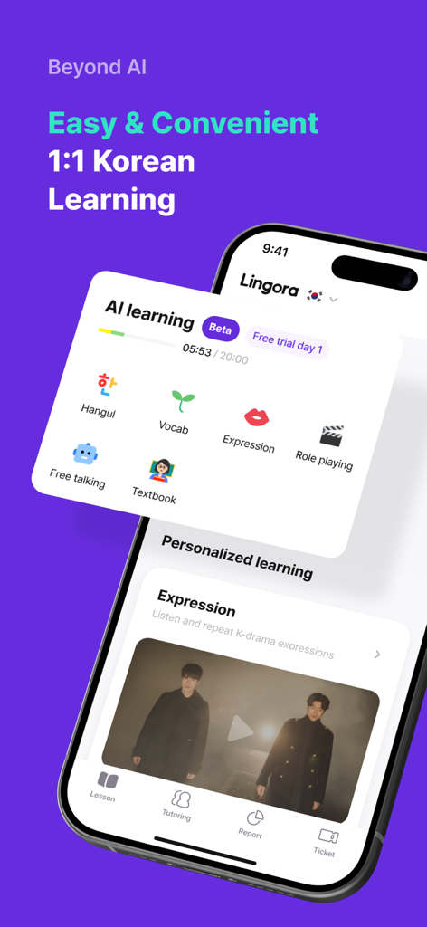 LINGORA | 24/7 Language Lesson - Lingora mobile app interface showing personalized Korean language lessons and AI coaching features
