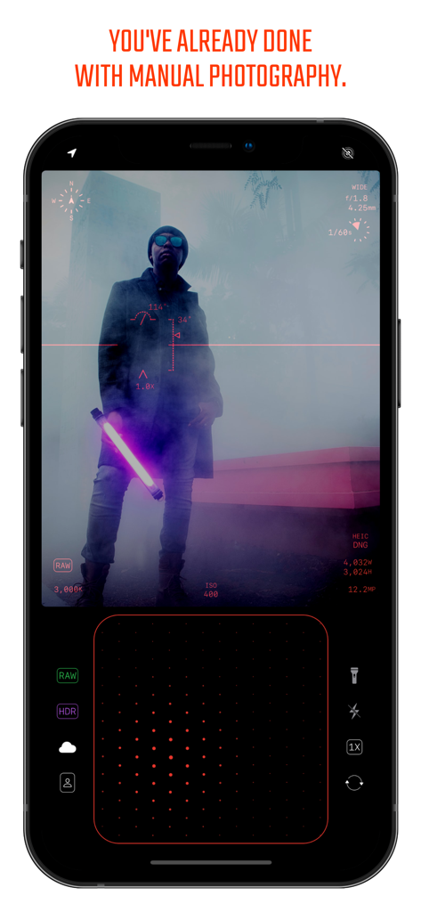 DELTA Camera - DELTA Camera app interface showing professional manual controls and a heads-up display over an urban portrait