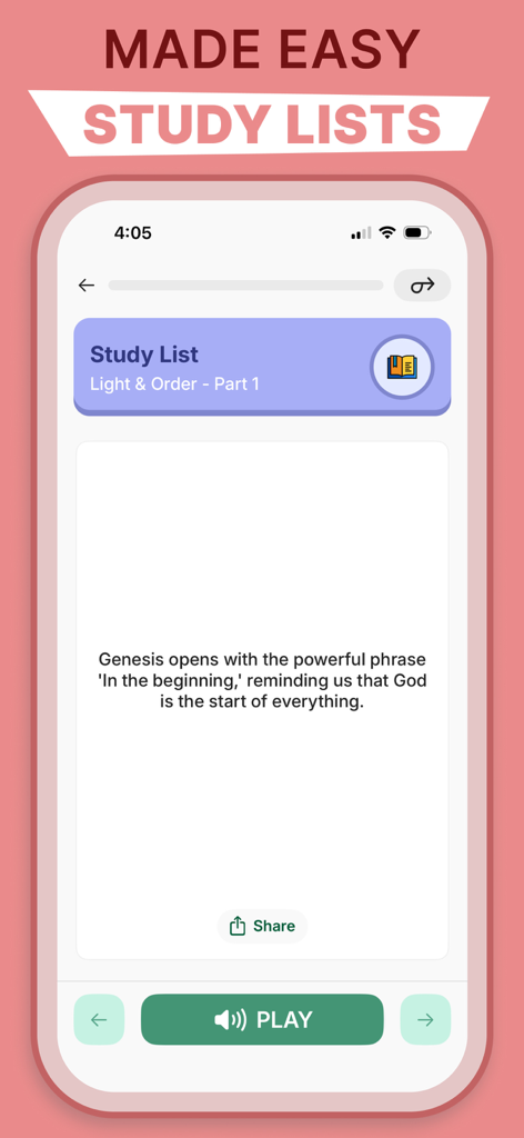 Bible for Beginners in a Year - Ein Bildschirm einer mobilen App, der eine Liste von Bibelstudienlektionen über die Genesis mit einer Wiedergabetaste für Audio zeigt.