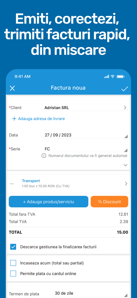 SmartBill - Interfaz de aplicación móvil para crear y enviar facturas sobre la marcha