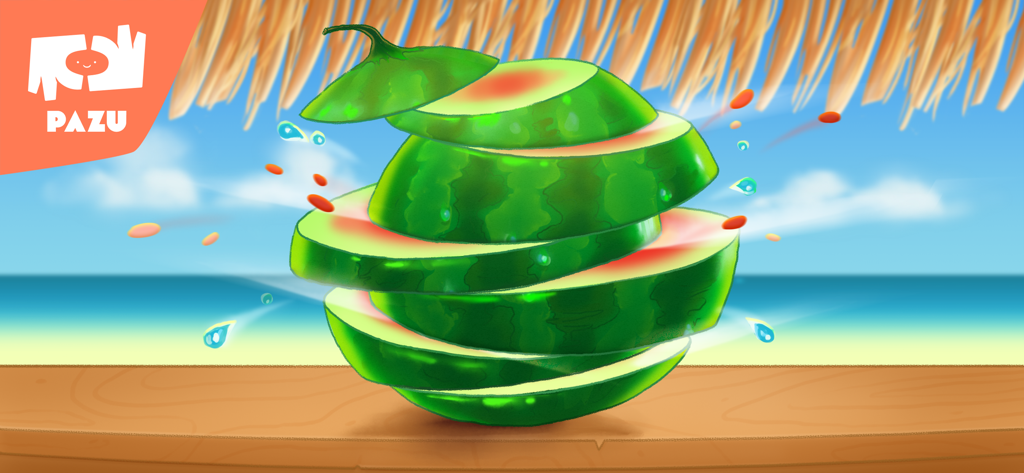Pizza Maker 2 - Una sandía cortada en rodajas sobre una mesa de madera con un fondo de playa tropical en la aplicación Pizza Maker 2
