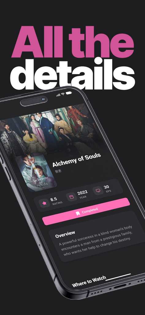 K-Drama Hub - Vista de información detallada de un programa en la aplicación K-Drama Hub que incluye calificaciones y sinopsis