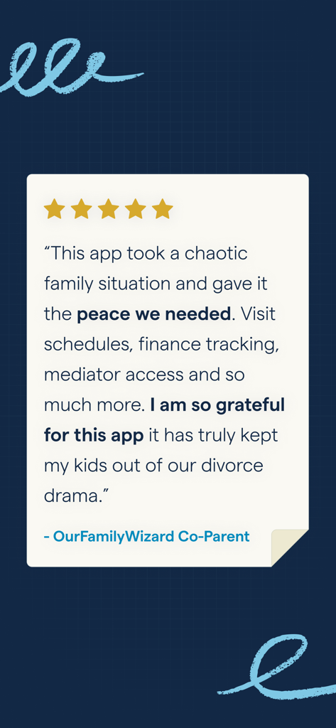 OurFamilyWizard Co-Parent App - Testimonianza utente a cinque stelle per l'app OurFamilyWizard che enfatizza la riduzione dei conflitti e la co-genitorialità pacifica