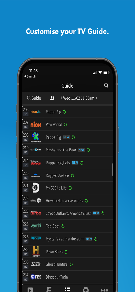 Interface of the Hub TV app showing a customizable TV channel guide on a smartphone.