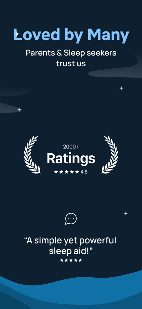 Baby Sleep White Noise Machine - A screen displaying over 2000 ratings with a 4.8 star average and a positive parent testimonial for the baby sleep white noise app