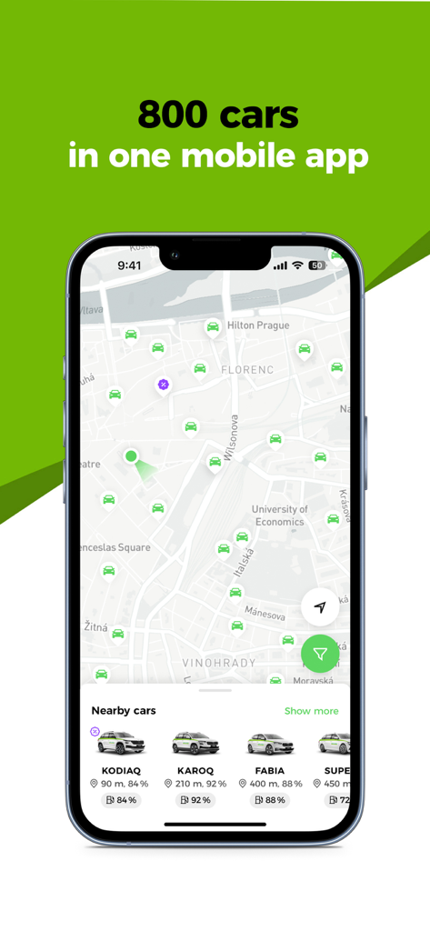 CAR4WAY carsharing - CAR4WAY mobile app showing a map with available cars in Prague and details for nearby vehicles