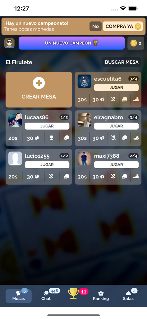 Gran Truco Argentino - Lobby of the Gran Truco Argentino app showing active game tables and player profiles.