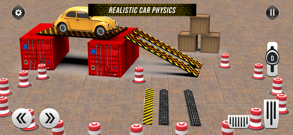 Car Parking Offline - A yellow car parked on red shipping containers in a car parking simulation game featuring realistic physics and obstacle courses