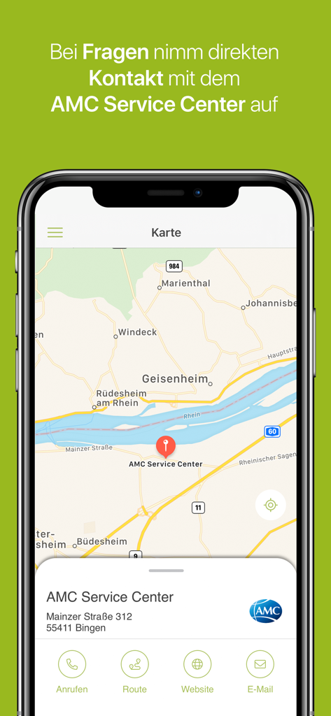 Kochen mit AMC - Kartenbildschirm in der AMC App, der den Standort und die Kontaktmöglichkeiten für das AMC Service Center anzeigt.
