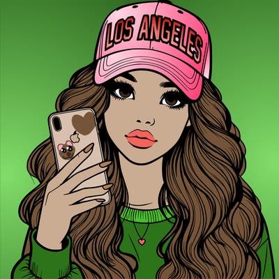 realistic beautiful girl wearing los ángeles cap holding an iphone