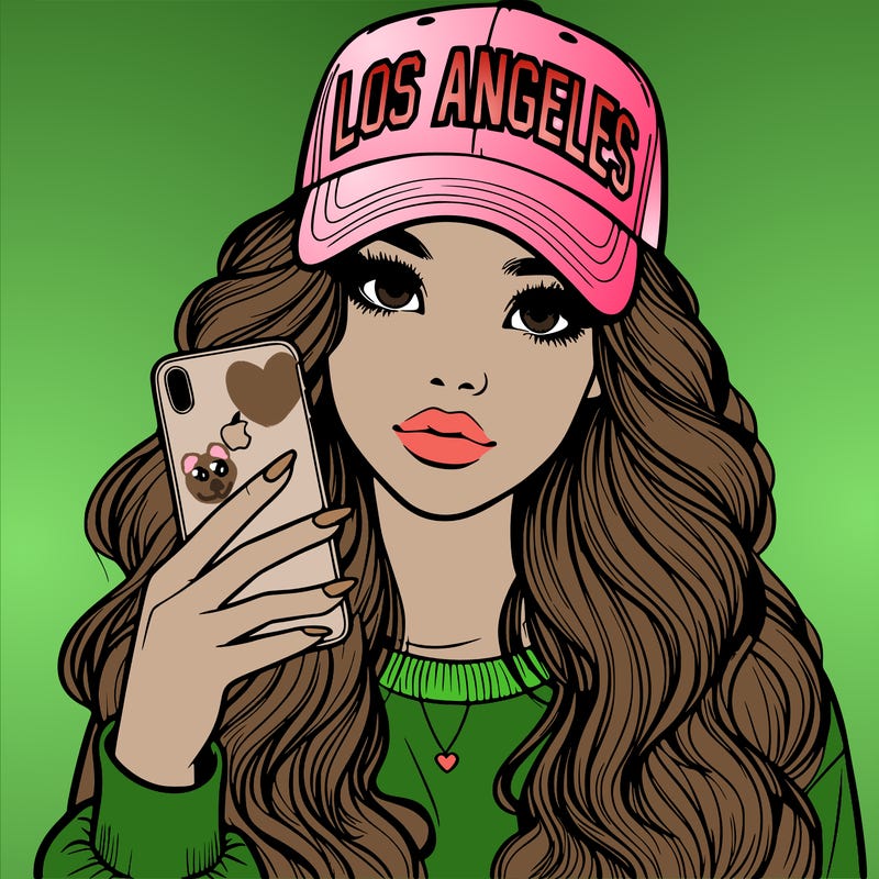 realistic beautiful girl wearing los ángeles cap holding an iphone