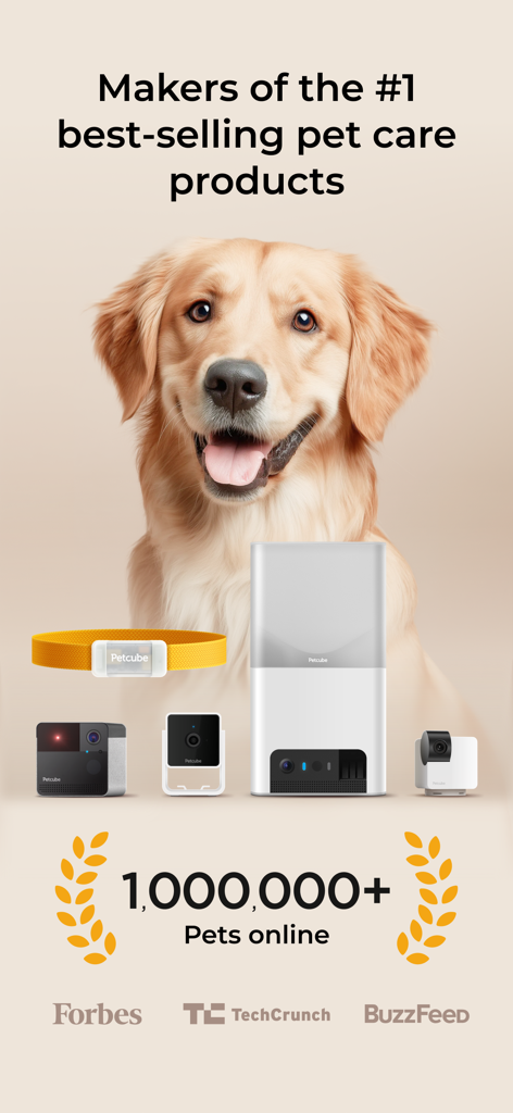Petcube - Petcube smart pet cameras and GPS tracker products with a smiling golden retriever