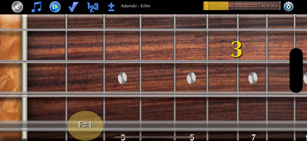 Bass Guitar Tutor Pro - Interface of Bass Guitar Tutor Pro app showing a virtual fretboard with a highlighted F sharp note for a song lesson