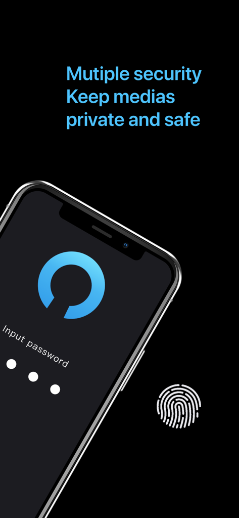 PhotoVault - Keep Photos Safe - PhotoVault app interface showing password entry screen and fingerprint biometric security feature