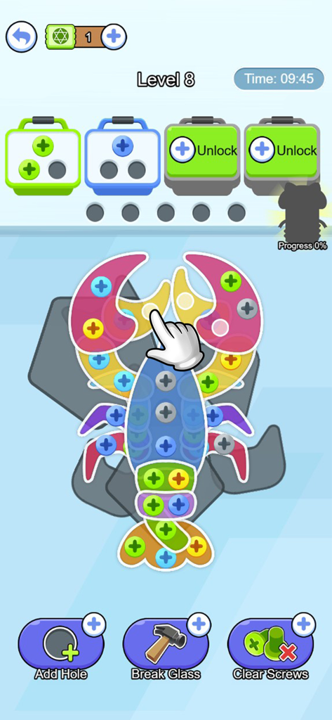 A colorful lobster shaped puzzle board with screws in the Screw Pin Jam Puzzle mobile game
