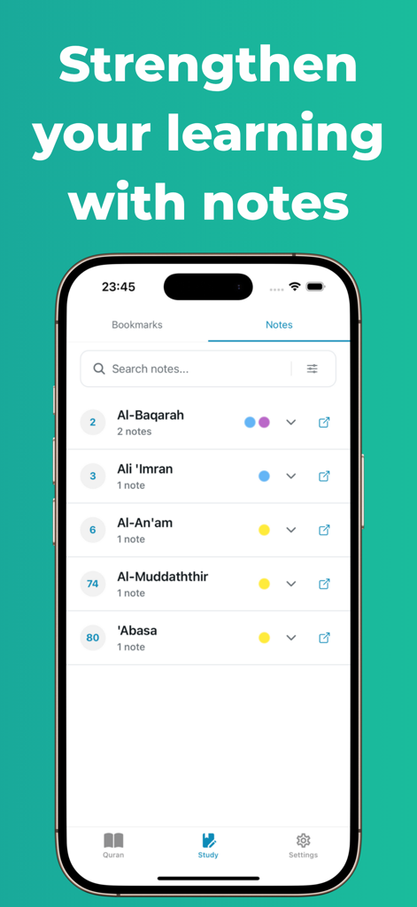 Holy Qur’an: Read - Mobile app interface of the Holy Quran study notes feature showing organized notes by chapter.