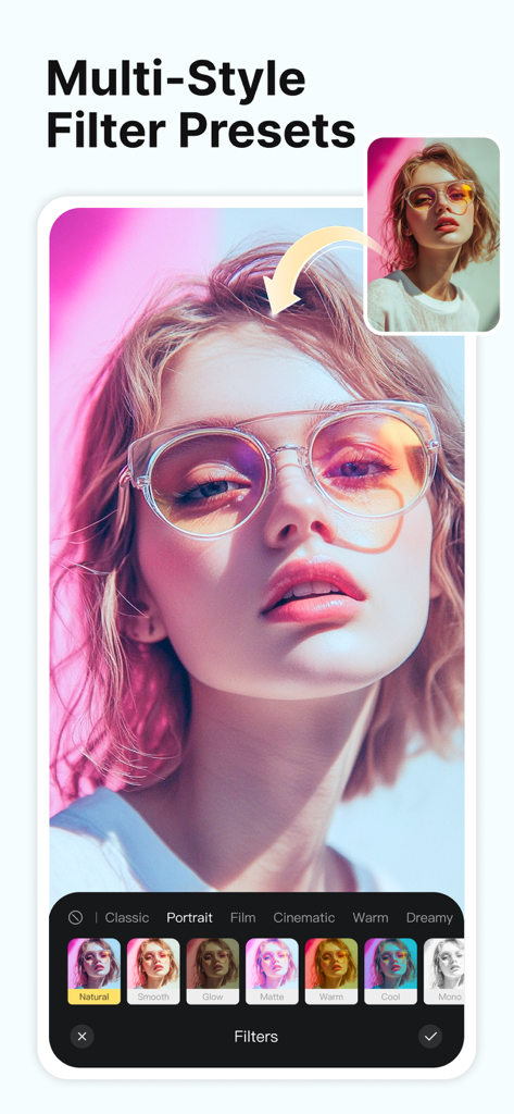 Photo Collage Maker: Collagic - Une interface mobile de l'application Collagic montrant divers préréglages de filtres esthétiques appliqués à une photo de portrait.