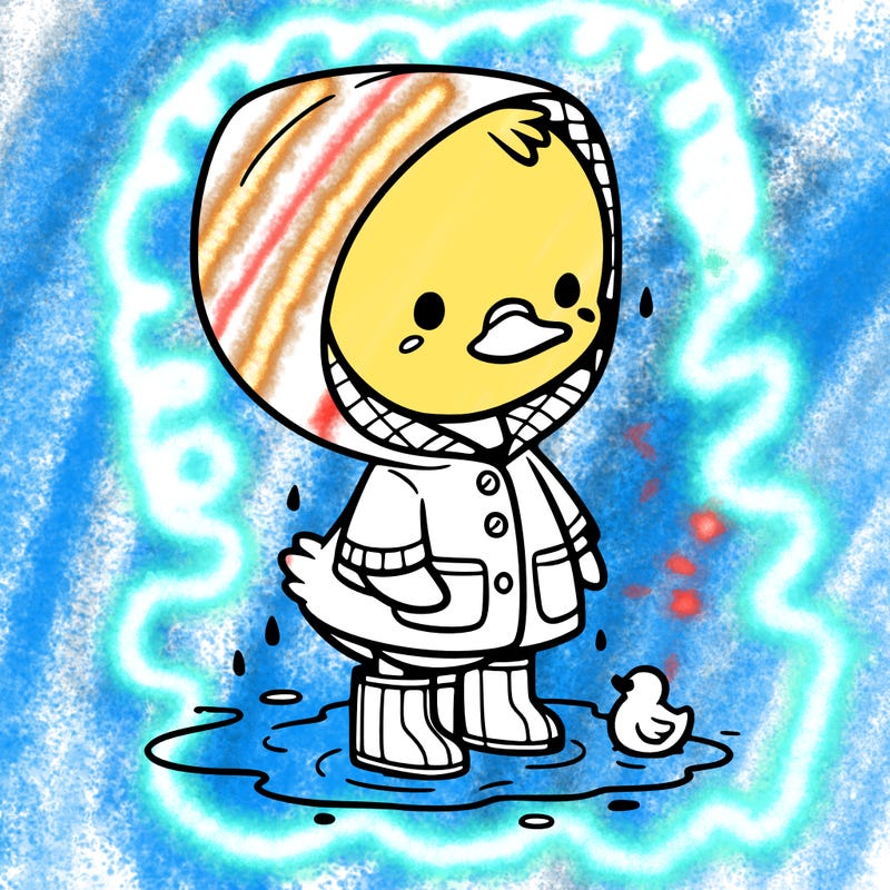 baby duck in a rain coat and boots, in a puddle while it’s raining