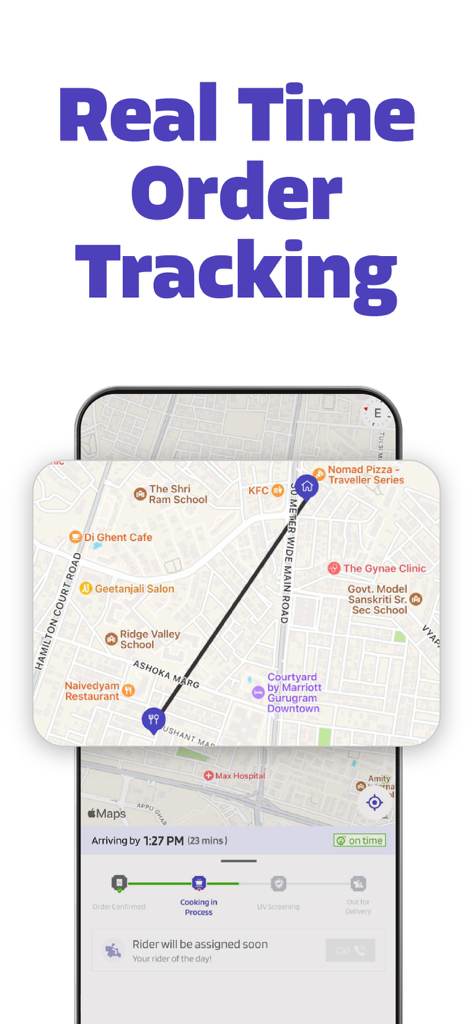 EatSure Food Delivery - Schermata dello smartphone che mostra il tracciamento della consegna del cibo in tempo reale su una mappa con lo stato di avanzamento dell'ordine