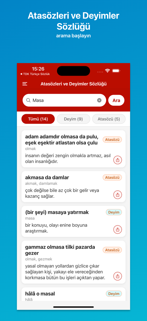 Interface do aplicativo Dicionário Turco TDK mostrando uma lista de busca por provérbios e expressões idiomáticas.