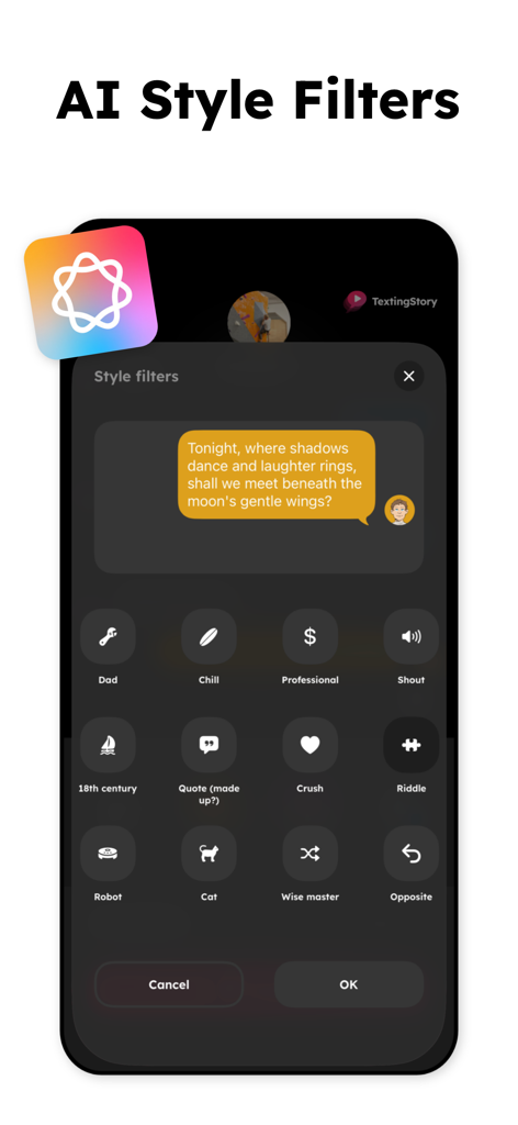 Interface showing different AI style filters for text messages in the TextingStory app