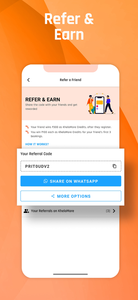 KheloMore sports app refer and earn rewards screen