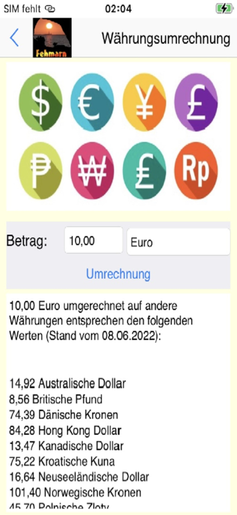 Currency converter interface within the Fehmarn vacation app.