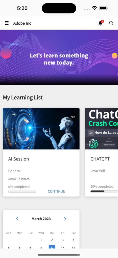 Panel de control de Adobe Learning Manager que muestra los cursos actuales y el progreso del aprendizaje