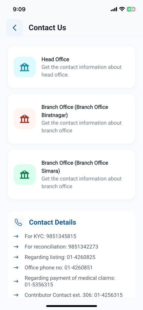 SSF - Nepal - Contact Us screen of the SSF Nepal app displaying head office and branch office contact information along with specific support phone numbers.