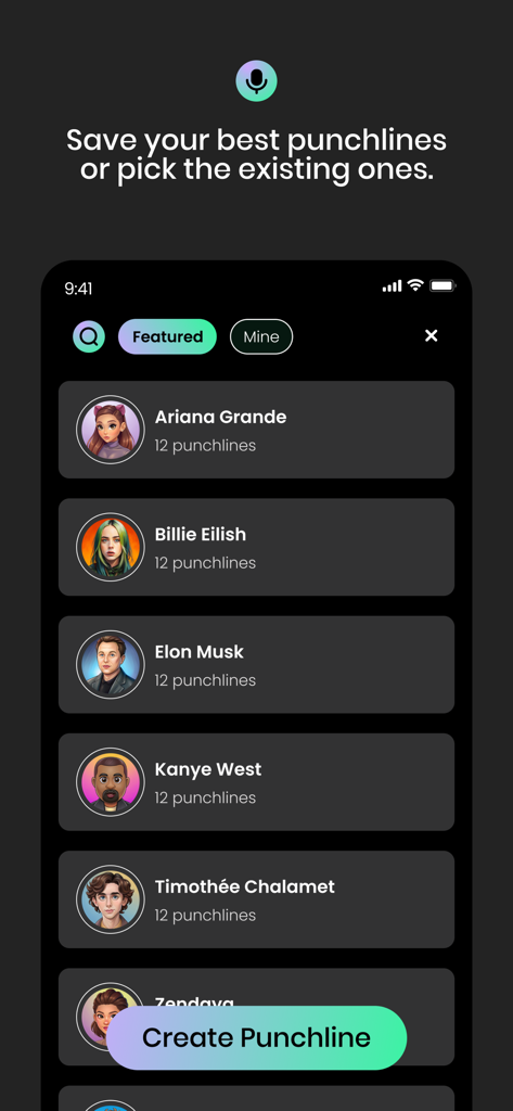 Voicify - Audio Chat Creator - App interface displaying a list of celebrities for AI voice generation