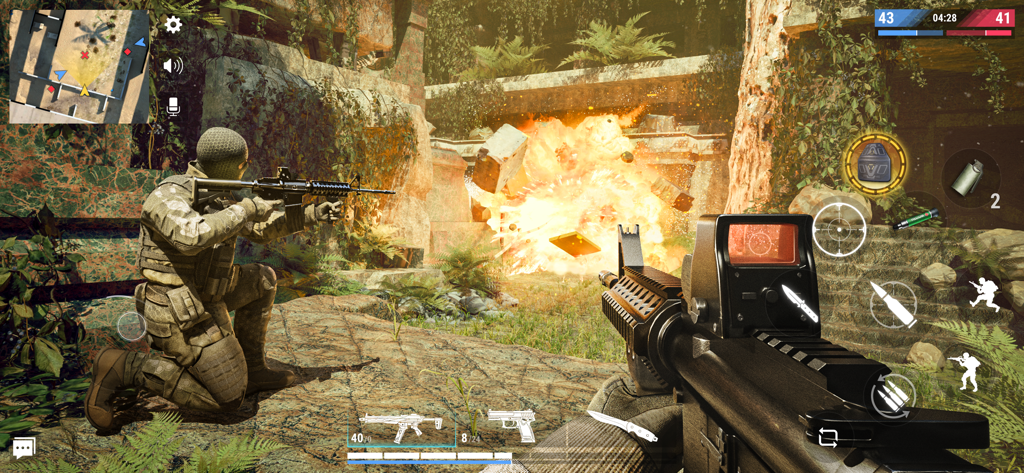 First person shooter gameplay in Modern Strike Online showing a soldier aiming a rifle during an explosion in jungle ruins