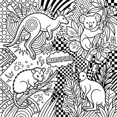 Embark on a colorful journey with our captivating Pop Art Marsupials coloring page, designed to ignite your imagination. Bring these iconic creatures and their dynamic comic-style environment to life with your favorite hues.