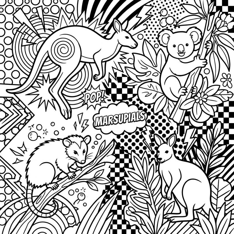 Embark on a colorful journey with our captivating Pop Art Marsupials coloring page, designed to ignite your imagination. Bring these iconic creatures and their dynamic comic-style environment to life with your favorite hues.