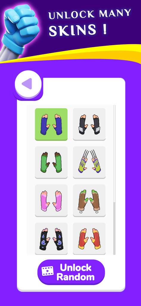 Ninja Hands - Una pantalla de menú en el juego Ninja Hands que muestra una variedad de skins de guantes desbloqueables para personalización.