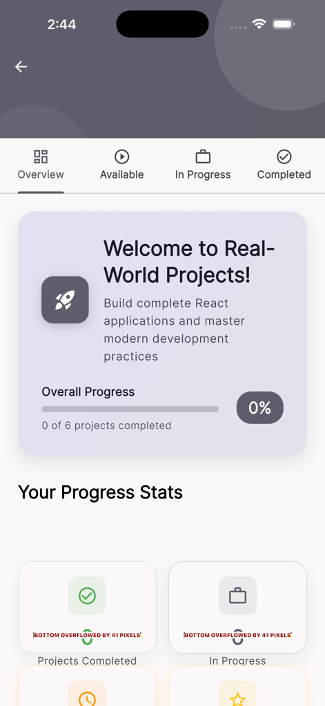 Übersicht und Fortschrittsverfolgungs-Dashboard für reale React-Projekte