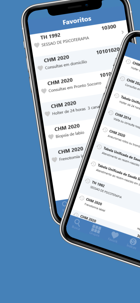 PMED - Preço Médico TUSS CBHPM - Aplicativo móvel PMED exibindo uma lista de procedimentos médicos e códigos de faturamento favoritos