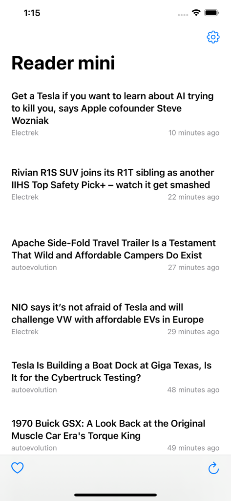 A clean and minimalist news feed interface in the Reader mini app showing tech and automotive headlines