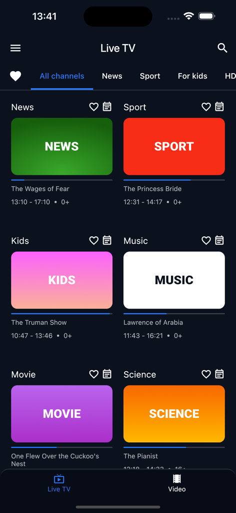 TMS player - Écran de l'application TMS Player affichant des catégories de télévision en direct comme le sport, les actualités et les films