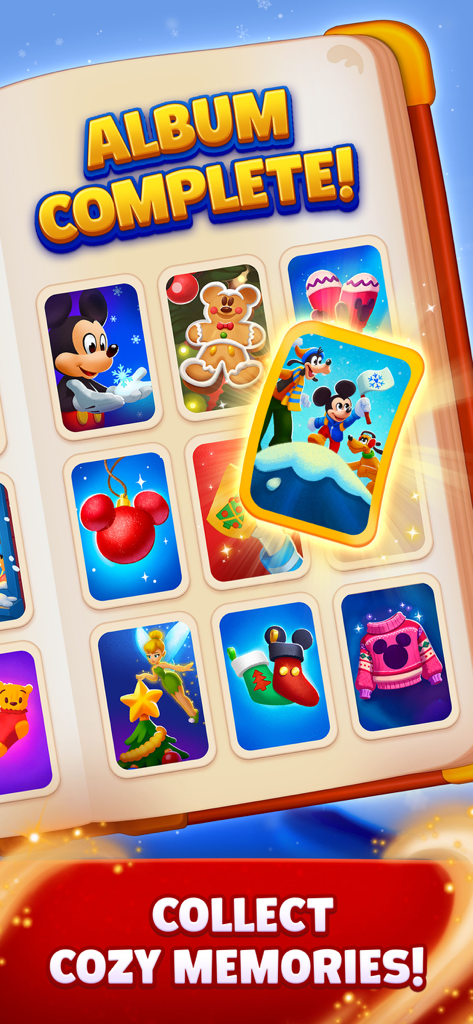 A completed digital album in Disney Solitaire featuring festive cards with Mickey Mouse and Tinker Bell.