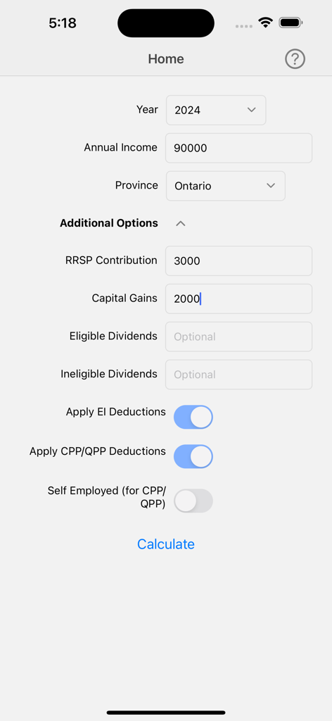 Canada Income Tax Calculator app interface showing annual income and province selection fields.