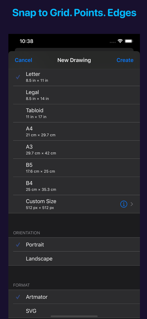 Artmator - Artmator App-Oberfläche zur Einrichtung einer neuen Zeichnung mit verschiedenen Seitenformaten und Vektorformaten