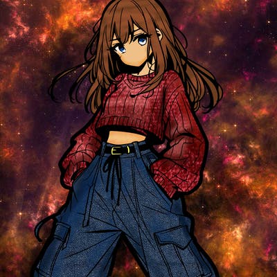 anime teen girl with baggy pants and crop top with sweater