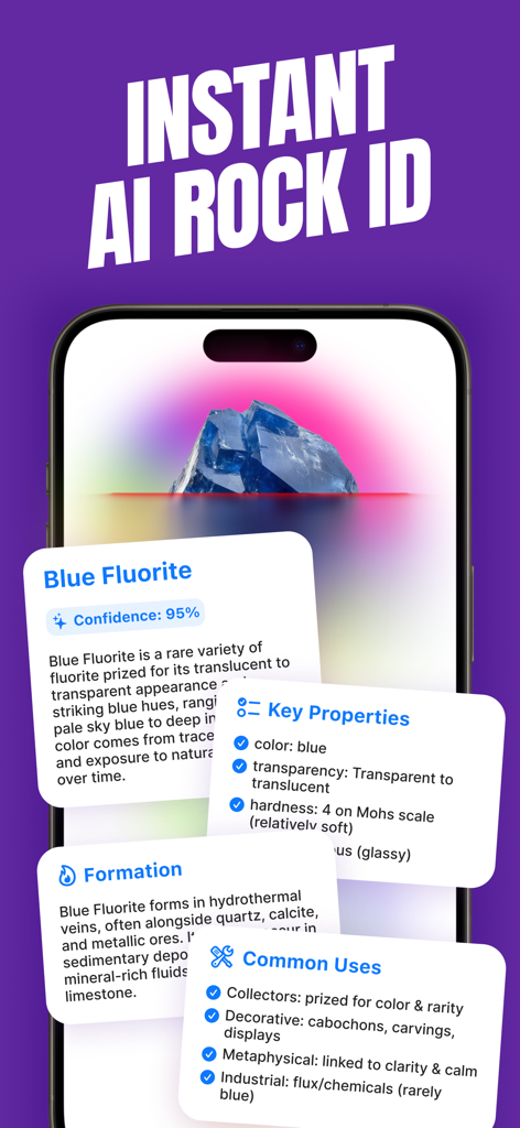 Rock Identifier: Stones ID - iPhone screen displaying an AI rock identification of Blue Fluorite with key properties and facts