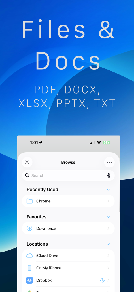 Converter – PDF, Image & Video - Une interface d'application mobile intitulée Fichiers et Docs montrant un explorateur de fichiers avec des options pour iCloud Drive, Sur mon iPhone et Dropbox.