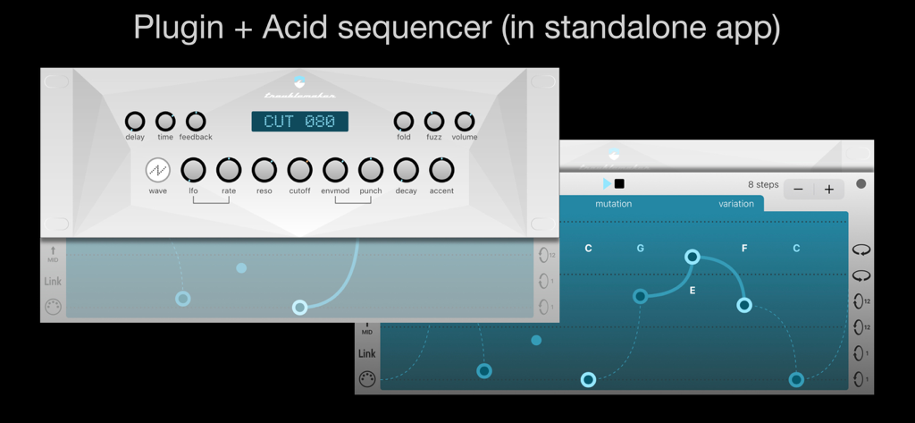 Troublemaker - Benutzeroberfläche der Troublemaker-App mit Synthesizer-Reglern und einem Acid-Sequenzer mit Notenvariationen