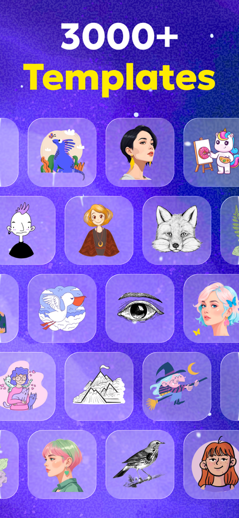 A library showing over 3000 drawing templates including anime characters and animals