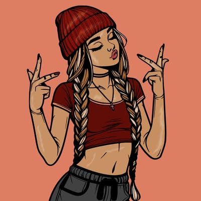 realistic teenage girl with braids and a beanie and crop top doing 🫶🏼